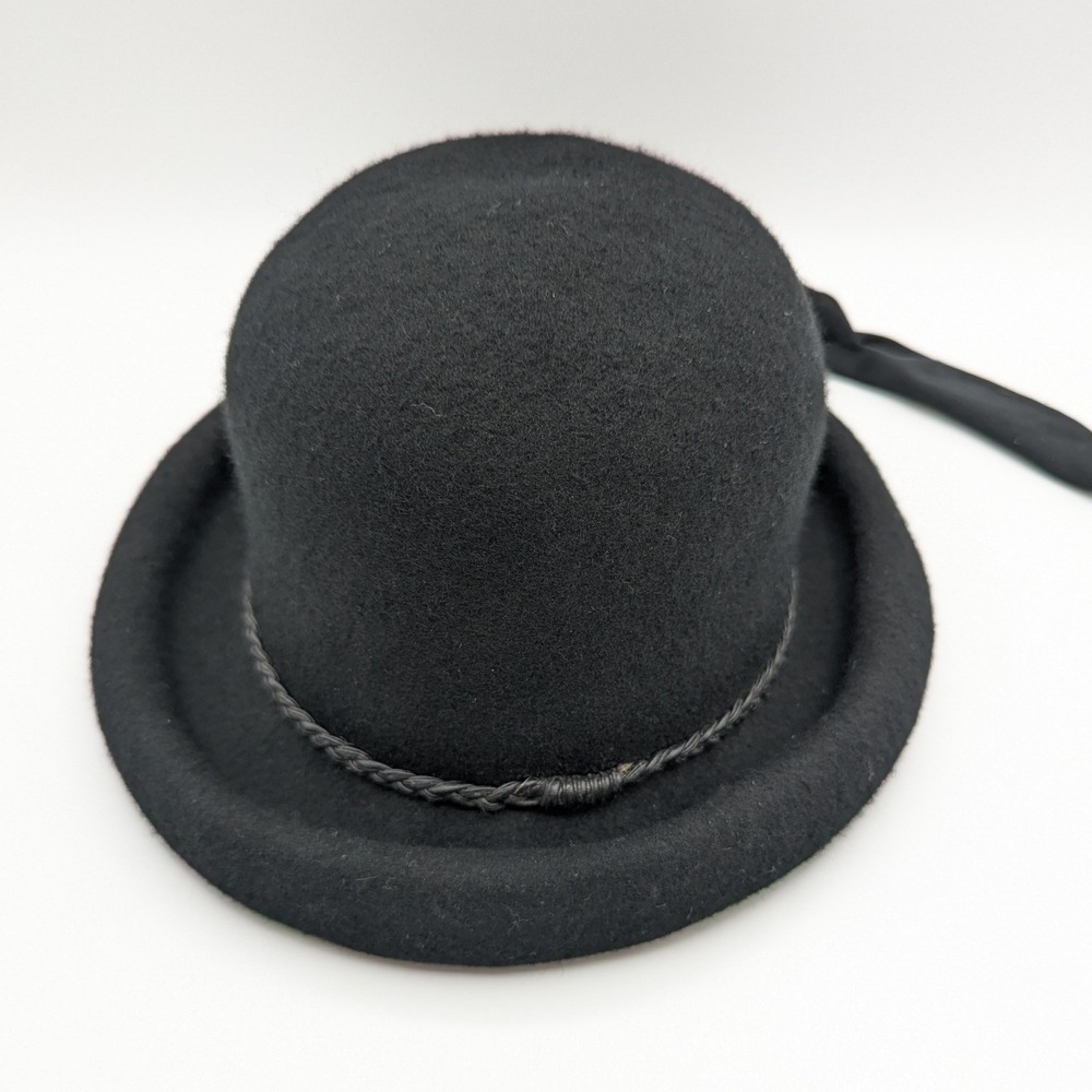 Black Wool Felt Bowler Hat with Long Scarf Ties Braided Trim Rounded Crown